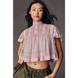 Anthropologie Crop Lace Mesh Swing Blouse Lilac Cottagecore Boho Preppy M Pastel